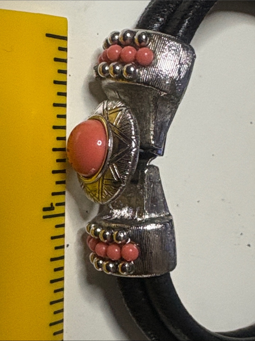 Black Leather Bracelet with Coral Accent and Silver-Tone Detailing - Picture 6 of 7